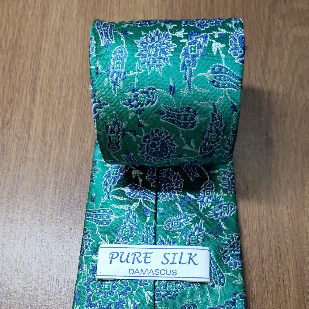 Damascus Pure Silk Green Floral All Over Print Tie 61x3.75" Men's